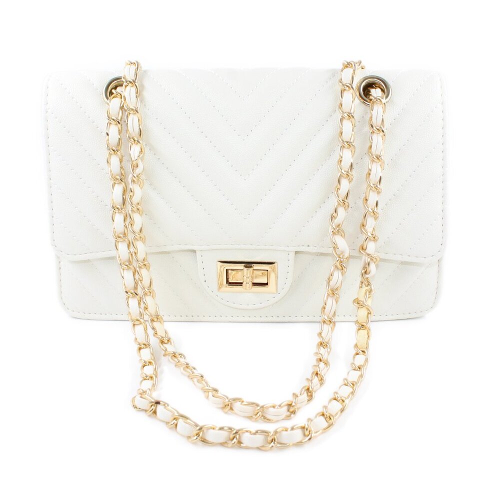 Chevron Quilted Shoulder Crossbody Gold Chain Faux Leather White Bag